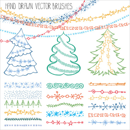 Christmas Hand drawn brushes,line border.New year,holiday doodle pattern textures,snowflakes,  stars ornament,garland,fir tree.Decoration vector set.Winter symbols.Used  brushes includedのイラスト素材