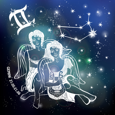 Gemini  Zodiac sign.Twin Horoscope constellation,stars.Abstract space dark sky blurred background,stars,shiny bokeh.Vector science background.Symbol, Astrology Illustration,Gemini boys  silhouetteのイラスト素材