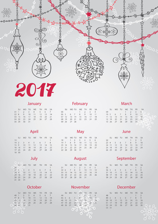 Calendar 2017 with Christmas ball and garlands.Ornate swirling decor.New year holiday Vector background.Week starts from sunday,american.Verticalのイラスト素材