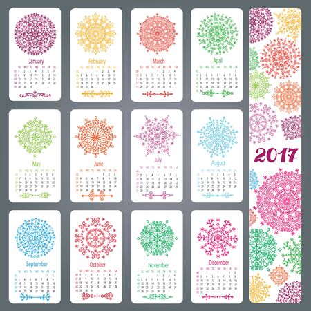 Calendar 2017 new year.Snowflakes decor,borders and dividers.Colored decor elements,pattrn.Montly card set.Vector Christmas,winter illustration.Holyday backgroundのイラスト素材
