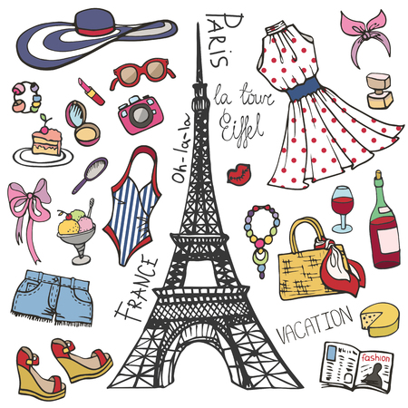 Paris France fashion Summer set.Woman,girl colored wearのイラスト素材