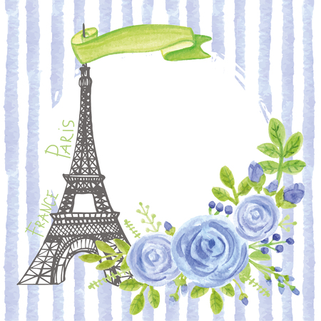 Paris vintage card.Eiffel tower,Watercolor blue  rose,stripsのイラスト素材