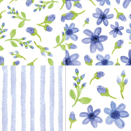 Watercolor blue  flowers,strips seamless pattern cute set.のイラスト素材