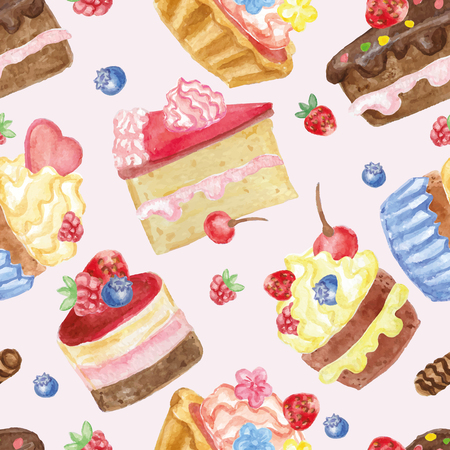 Watercolor sweet cakes seamless pattern with berriesのイラスト素材