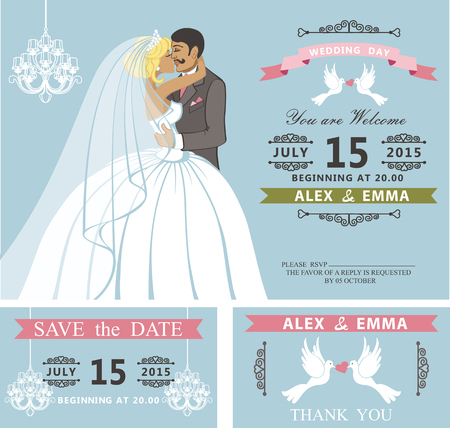 Retro kissing cartoon bride and groom wedding invitation set.のイラスト素材