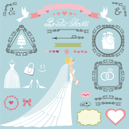 Cartoon bride in long dress wedding bridal shower invitation card decor set.のイラスト素材