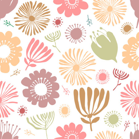 Vector seamless pattern with pink and yellow flowers in collage technique on a white backgroundのイラスト素材