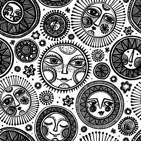 seamless vector pattern with hand-drawn suns on a white backgroundのイラスト素材