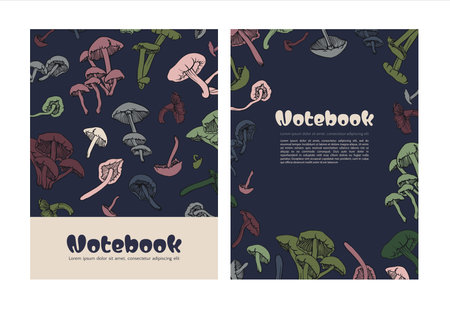2 vector variants of cover template for notebook, notepad with many mushrooms on dark backgroundのイラスト素材
