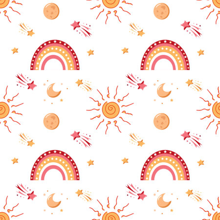 rainbow pattern, sun, moon, stars in ethnic style in warm shades - red, yellow, orangeのイラスト素材