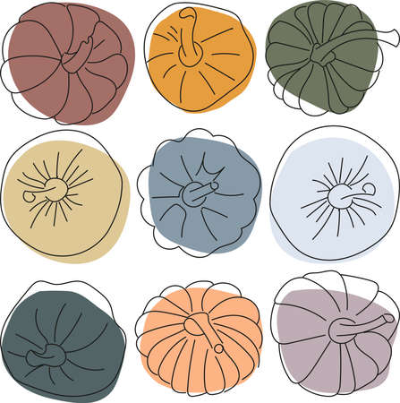 set of colored pumpkins of different shapes in doodle styleのイラスト素材