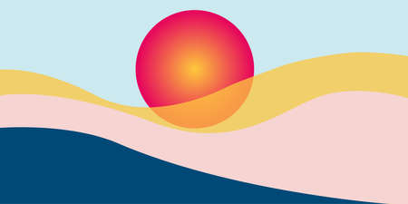 Abstract Landscape depicting mountains, hills, sun and sky. Abstract colored backdrop with hand-drawn elements. Creative illustration - poster design.の写真素材