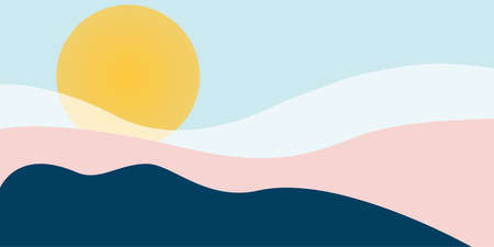 Abstract Landscape depicting mountains, hills, sun and sky. Abstract colored backdrop with hand-drawn elements. Creative illustration - poster design.の写真素材