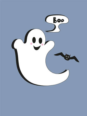 Illustration cute ghost with bat on an purple background. Flat styleのイラスト素材
