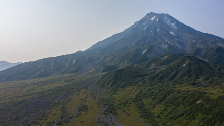Aerial panorama of Viluchinskiy volcano in summer. Kamchatkaの写真素材