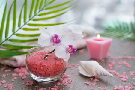 Starfish, seashells, terry towel, candle and plant on the sand. Spa and wellness conceptの写真素材