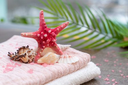 Starfish, seashells, terry towel and green plant on the sand. Spa and wellness conceptの写真素材