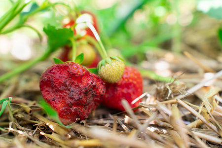 Juicy Strawberries Pecked by Birds and Rotting in Garden