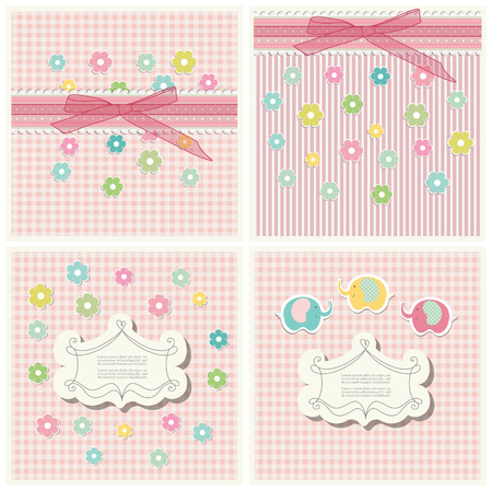 Romantic scrap booking template for invitation, greeting, baby shower card, happy birthday label, postcard frame or child album. Vector illustration in vintage styleのイラスト素材