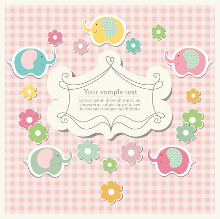 Romantic scrap booking template for invitation, greeting, baby shower card, happy birthday label, postcard frame or child album. Vector illustration in vintage styleのイラスト素材