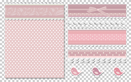 Romantic scrap booking template for invitation, greeting, baby shower card, happy birthday label, postcard frame or child album. Vector illustration in retro styleのイラスト素材