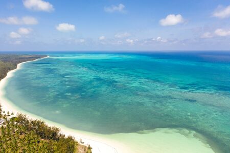 Large tropical island white sandy beach, view from above. Seascape, nature of the Philippine...