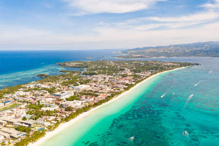 White beach on the island of Boracay, Philippines, top view. White sandy beach and turquoise sea...