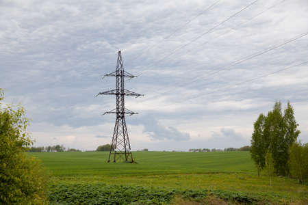 High voltage lines and power pylons in a flat and green agricultural landscape on a sunny day with...