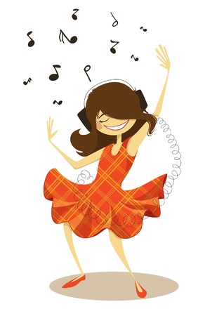 Girl dancing with headphones, illustration