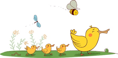 Yellow mother duck with little yellow ducklingsのイラスト素材