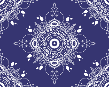 Vector mandala on a dark blue background. An illustration for fabrics, notebooks, cards. Seamless pattern.のイラスト素材