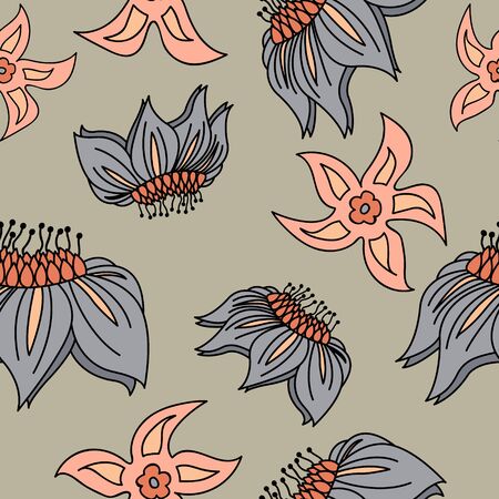 Fantasy hand-drawn floral seamless pattern. An illustration for fabrics, notebooks, cases for computers and phones.のイラスト素材