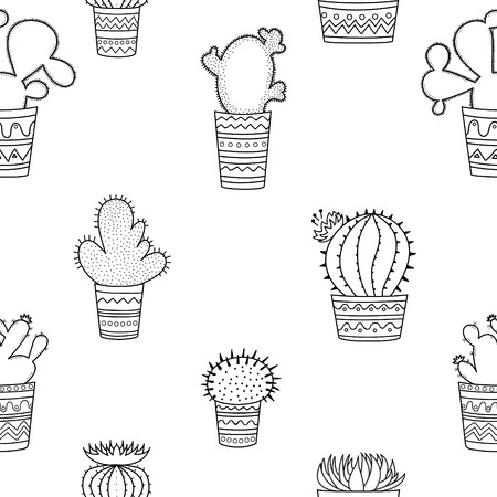 A seamless pattern of black-and-white cactuses in pots in the Mexican style. White background.のイラスト素材