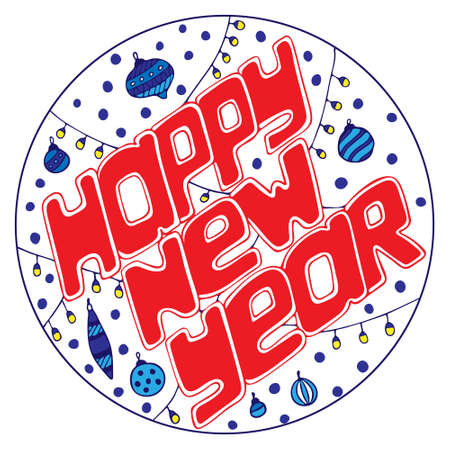 Hand-drawn text for Happy New Year in a round frame.のイラスト素材