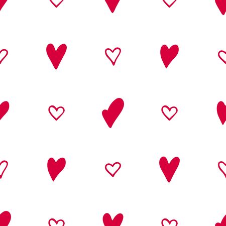 Gentle seamless pattern with hand-drawn red hearts on the white background.