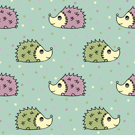 Seamless pattern with lovely hand-drawn hedgehogs.のイラスト素材