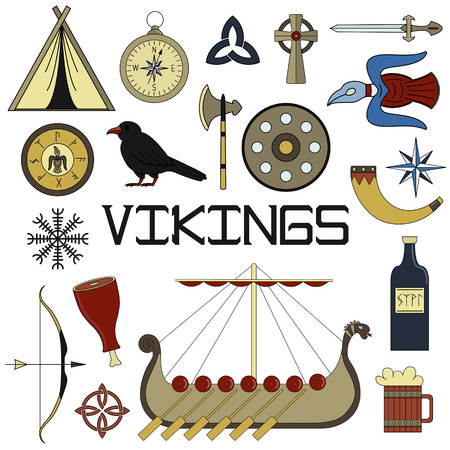 Set of bright vector illustrations for the design of Viking's life. のイラスト素材