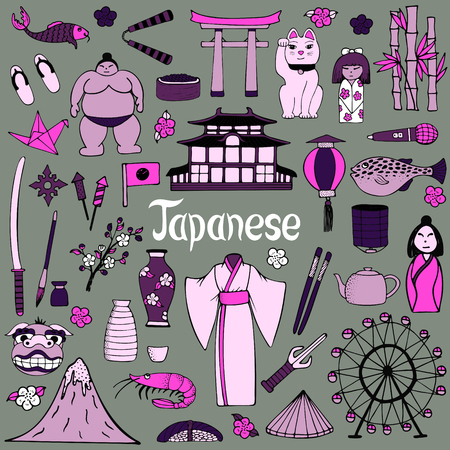 A set of hand-drawn illustrations about the Japanese culture and lifestyle.のイラスト素材