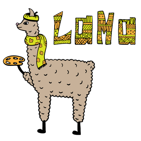 Cute hand-drawn illustration of a lama-artist with the palette. のイラスト素材