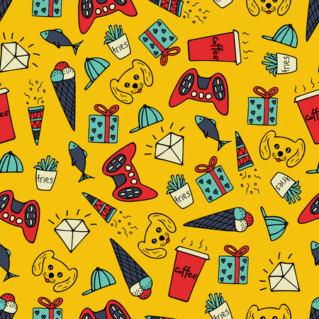 Cute seamless pattern with hand-drawn illustrations. Doodles.のイラスト素材