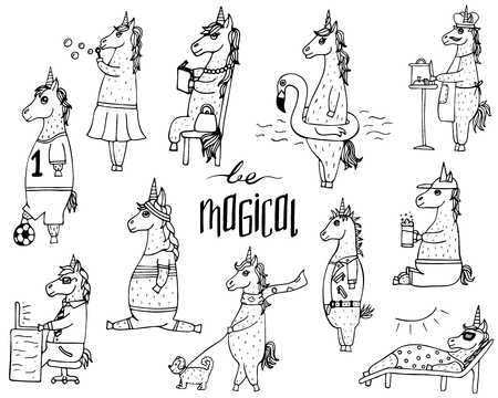 The cute set of 11 hand-drawn unicorns and lettering - be magical.のイラスト素材