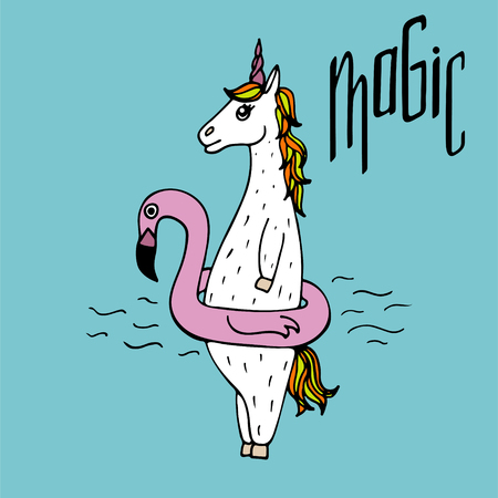 Lovely hand-drawn unicorn floating in an inflatable circle flamingo.のイラスト素材