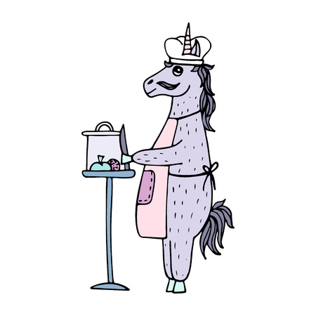 Lovely hand-drawn unicorn-cook in an apron the preparing dinner.のイラスト素材