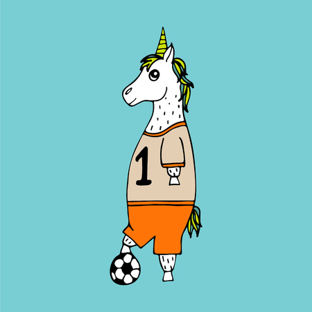 Lovely hand-drawn unicorn-football player with a ball.のイラスト素材