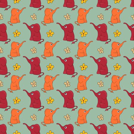 Funny hand-drawn seamless pattern with cute elephants and flowers.のイラスト素材