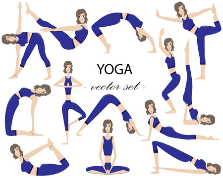 Vector set of 13 yoga poses. The girl practicing yoga.のイラスト素材