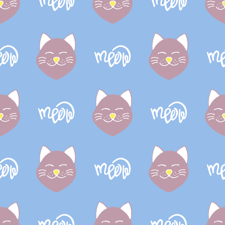 Cute cat pattern with hand-drawn lettering illustration.のイラスト素材