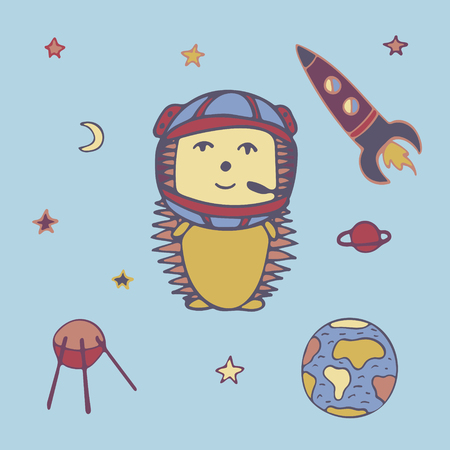 Hand-drawn colorful poster with hedgehog the astronaut among a space rocket, stars, and planets.のイラスト素材