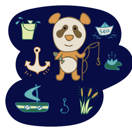 Lovely hand-drawn panda the fisherman with a rod and fish.のイラスト素材