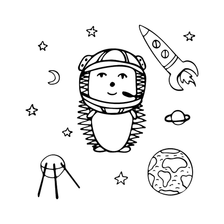 Hand-drawn hedgehog the astronaut among a space rocket, stars, and planets.のイラスト素材